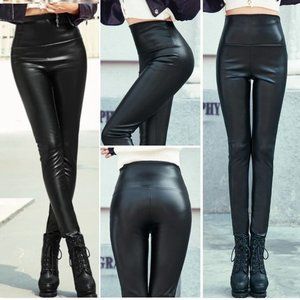 Black PU Leather Leggings Warm Lining